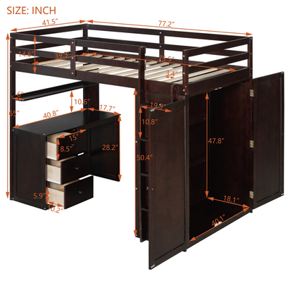 Twin size loft bed by Start2Finish with solid wood frame, built-in desk, drawers, and wardrobe storage for bedroom or study.