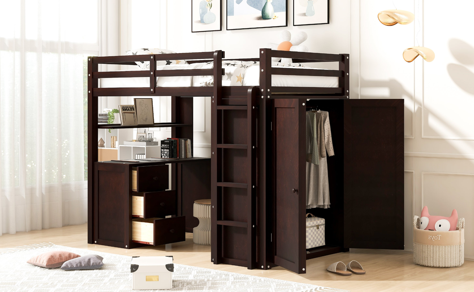 Twin size loft bed by Start2Finish with solid wood frame, built-in desk, drawers, and wardrobe storage for bedroom or study space