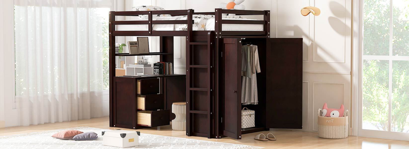 Twin size loft bed by Start2Finish with solid wood frame, built-in desk, drawers, and wardrobe storage for bedroom or study space