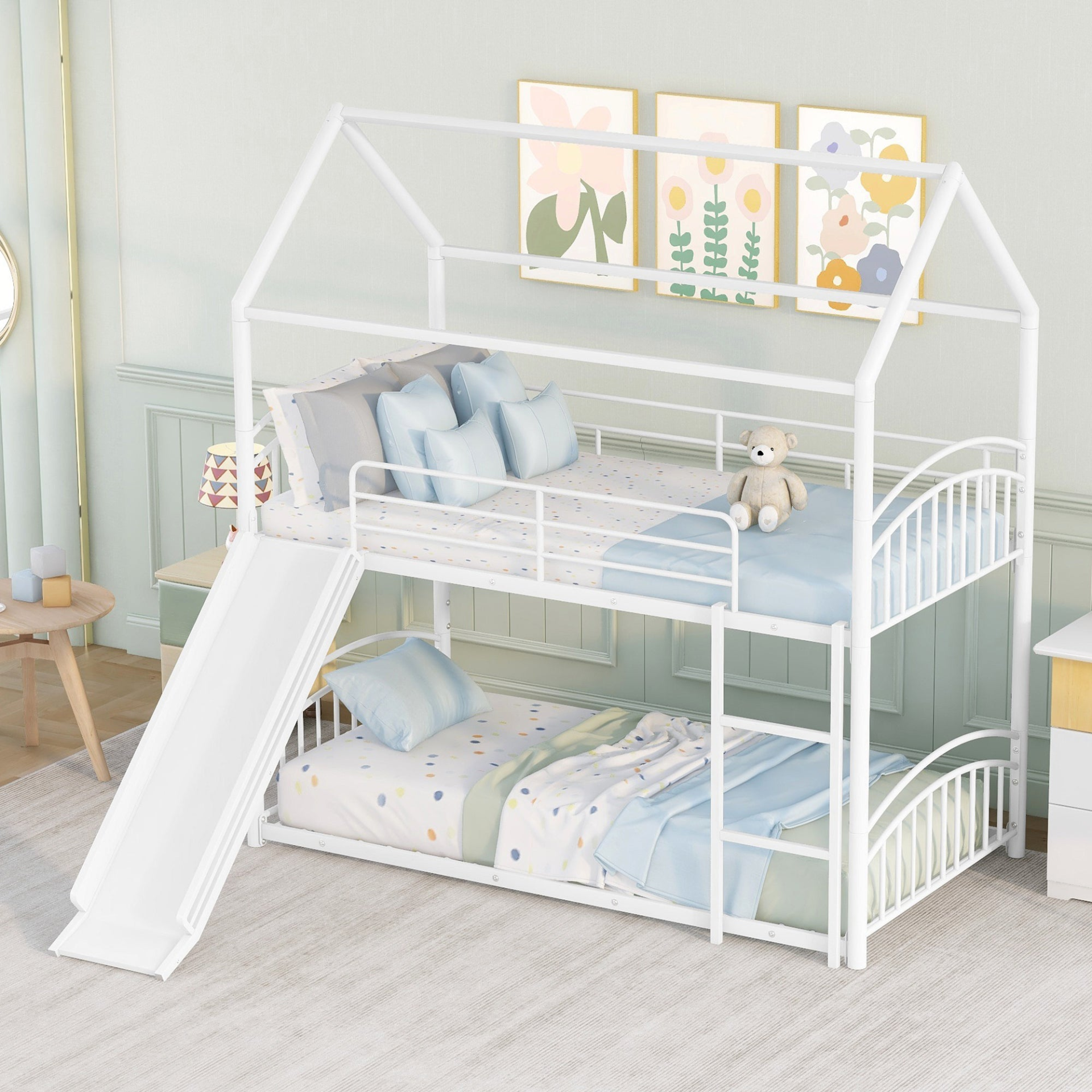 Start2Finish metal twin over twin bunk bed with slide and house frame, ideal for shared bedrooms or guest rooms, shown assembled.