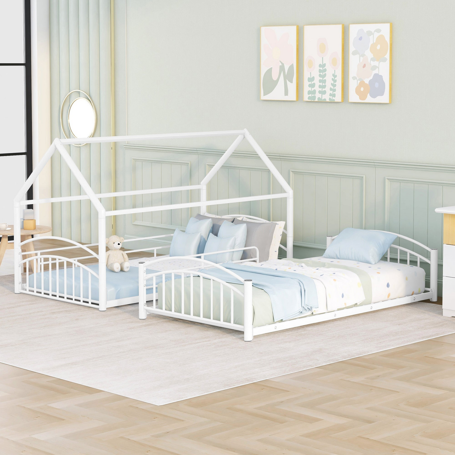 Start2Finish twin over twin metal bunk bed with slide and house frame, ideal for shared or guest bedrooms, shown in a children&