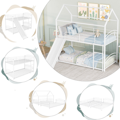 Twin over twin metal bunk bed with slide and house frame for shared or guest bedrooms, featuring sturdy construction and playful design.
