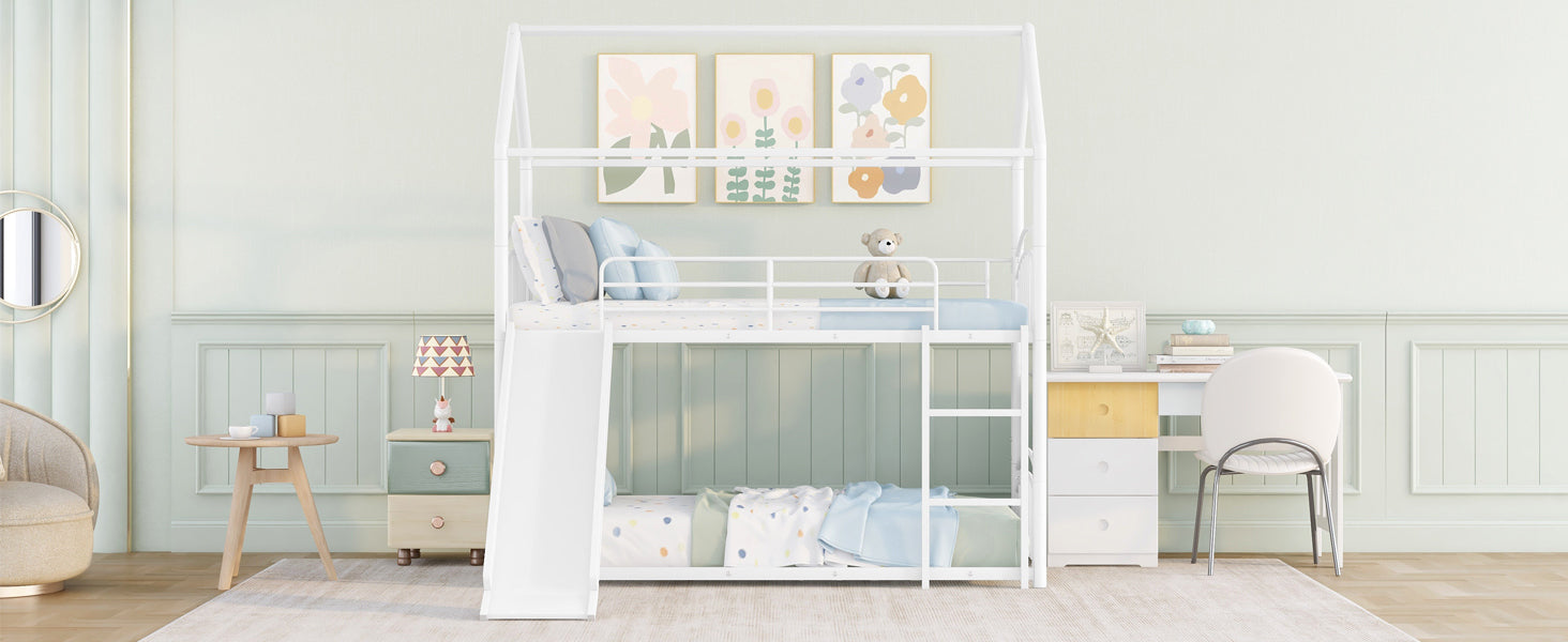 Start2Finish twin over twin metal bunk bed with slide and house frame, designed for shared or guest bedrooms, shown assembled.