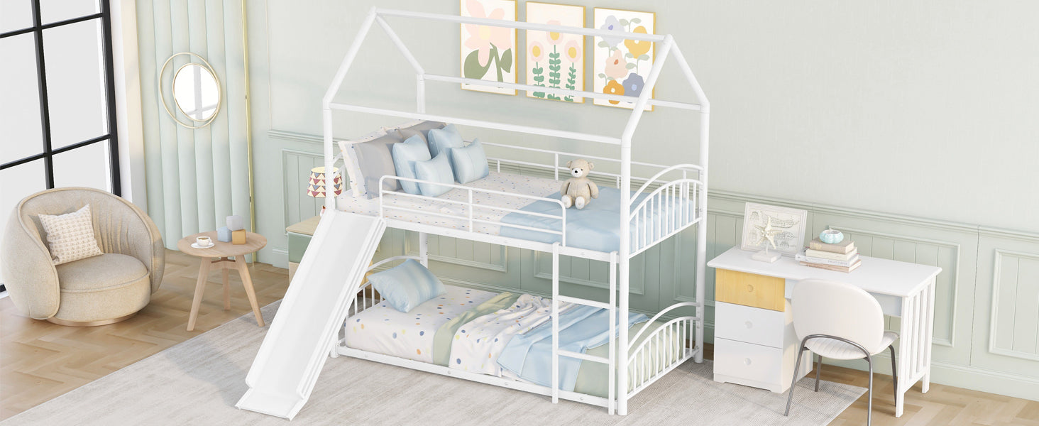 Twin over twin metal bunk bed with slide and house frame, ideal for shared or guest bedrooms, by Start2Finish.