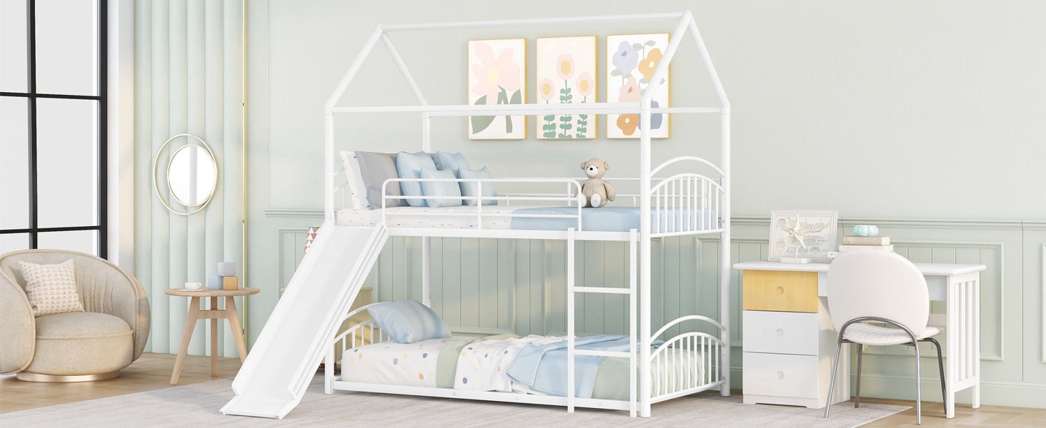 Start2Finish twin over twin metal bunk bed with slide and house frame in a shared or guest bedroom setting