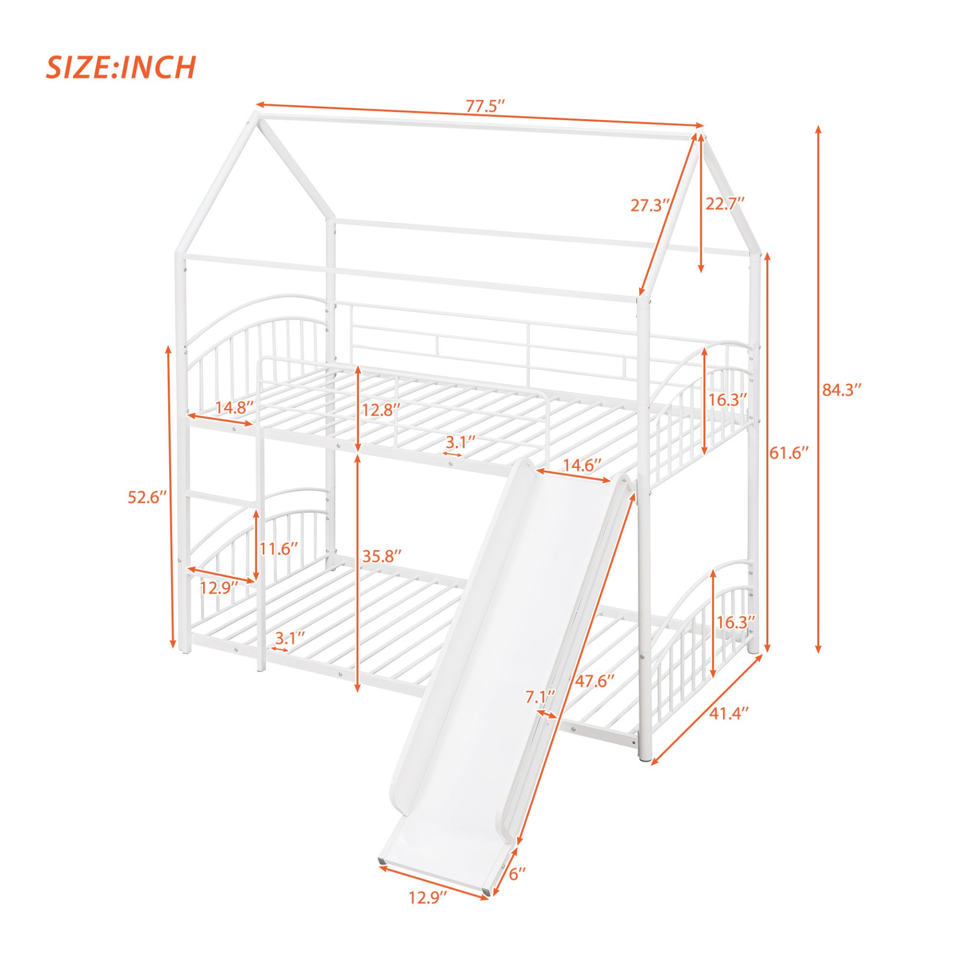 Start2Finish twin over twin metal bunk bed with slide and house frame, ideal for shared bedrooms or guest rooms