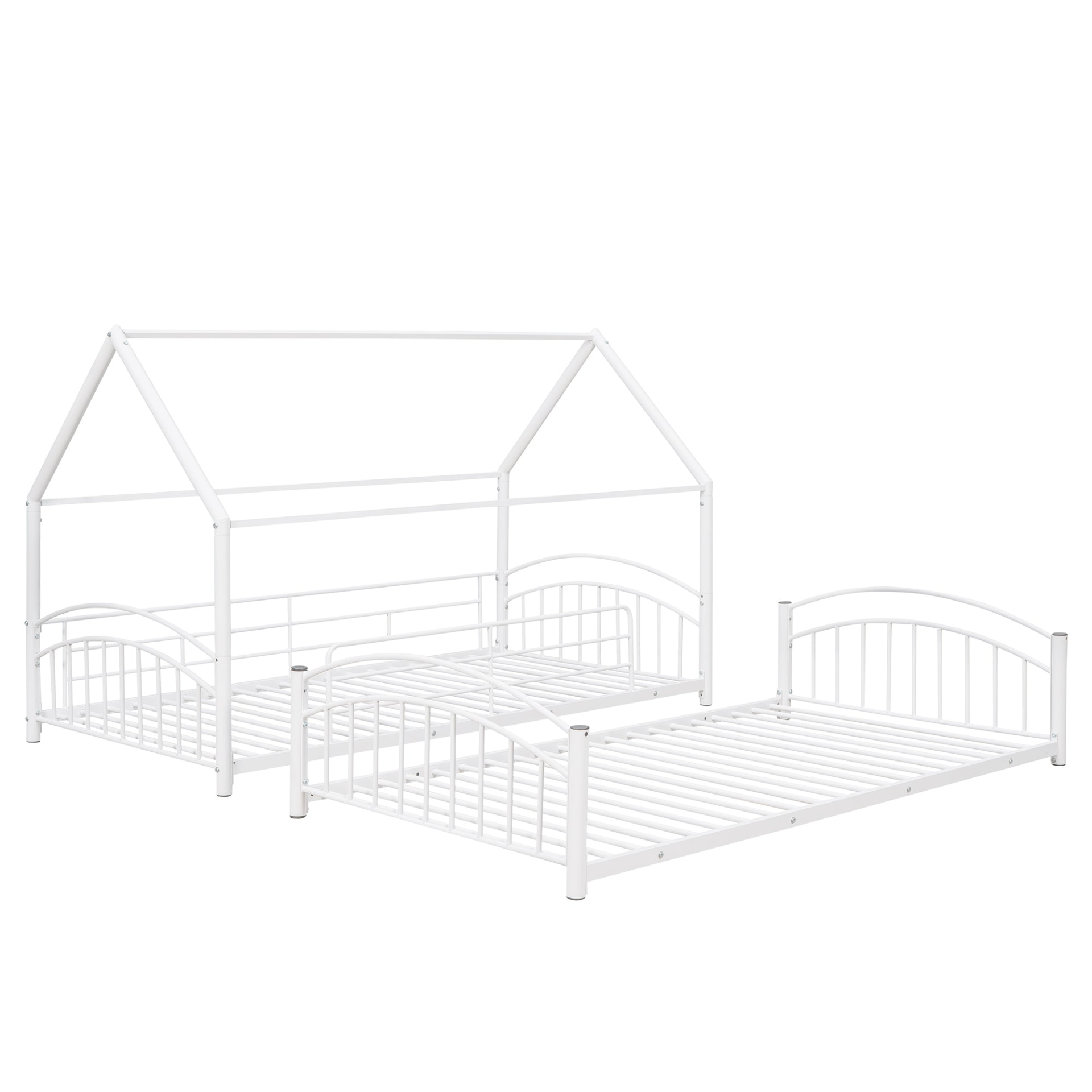 Start2Finish twin over twin metal bunk bed with slide and house frame, ideal for shared or guest bedrooms.
