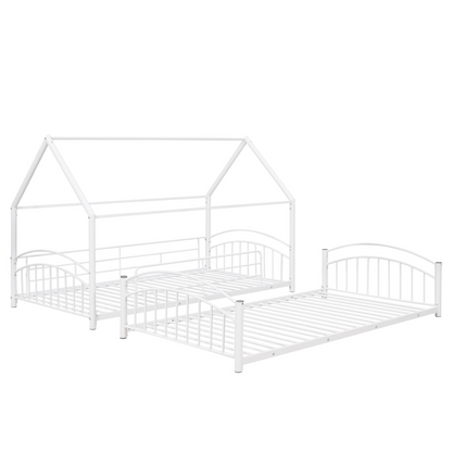 Start2Finish twin over twin metal bunk bed with slide and house frame, ideal for shared or guest bedrooms.