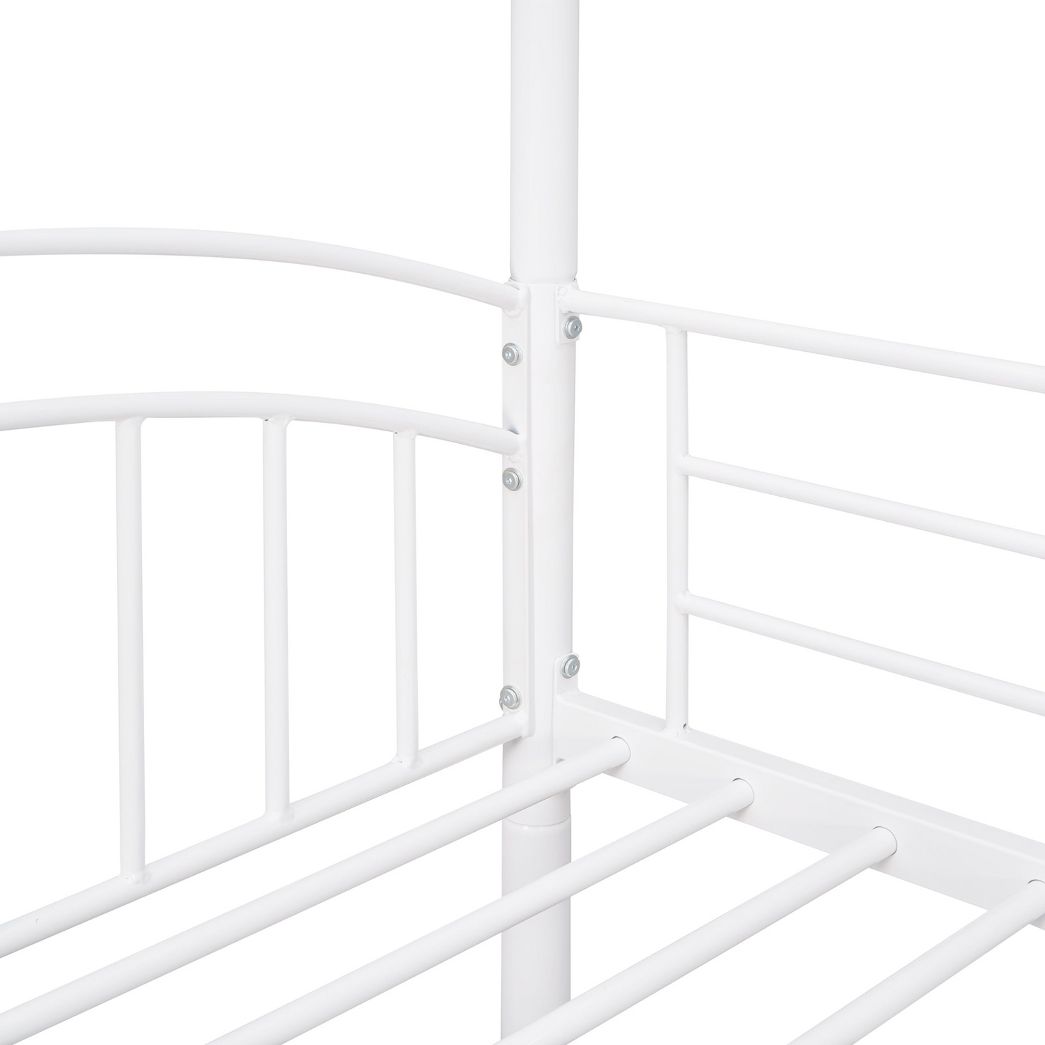 Metal twin over twin bunk bed with slide and house-shaped frame, ideal for shared or guest bedrooms, by Start2Finish.