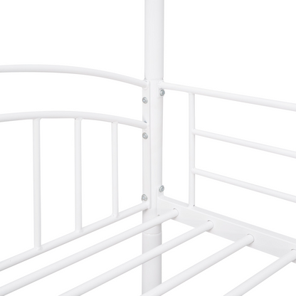 Metal twin over twin bunk bed with slide and house-shaped frame, ideal for shared or guest bedrooms, by Start2Finish.