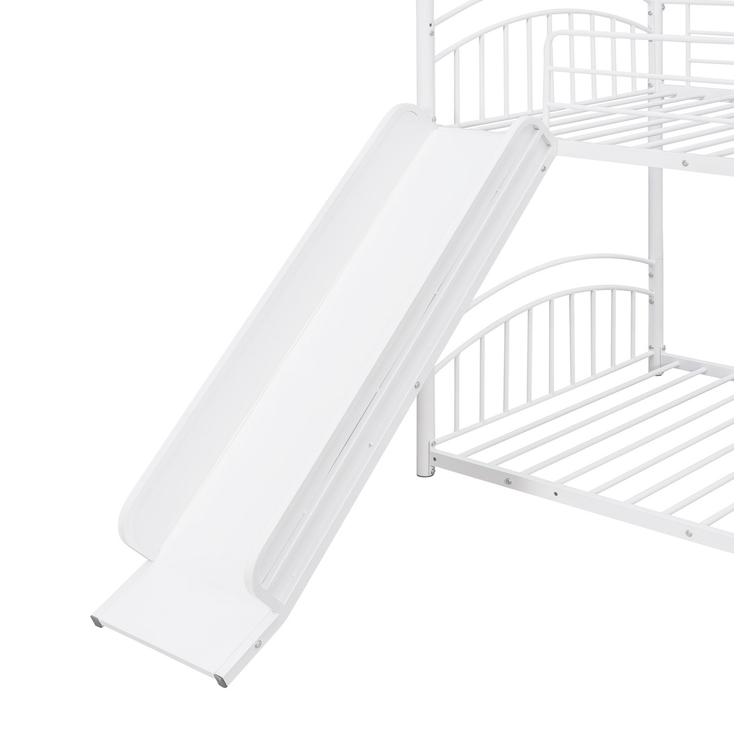 Twin over twin metal bunk bed with slide and house frame by Start2Finish, ideal for shared bedrooms or guest rooms