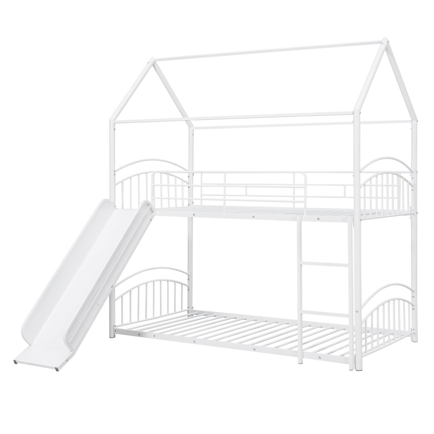 Twin over twin metal bunk bed with slide and house frame by Start2Finish in a shared bedroom setting.