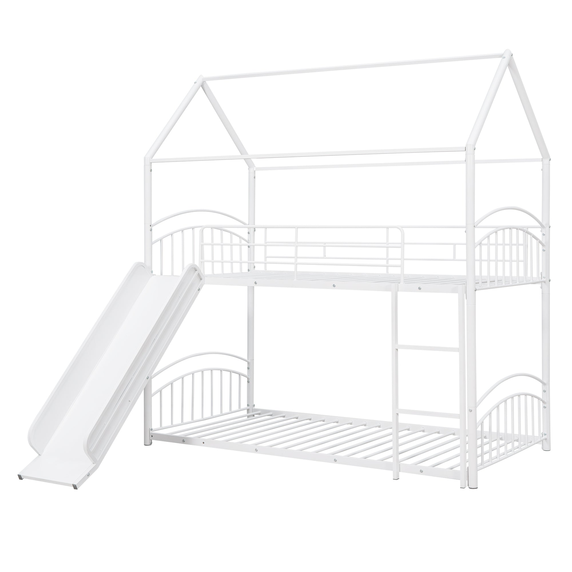 Twin over twin metal bunk bed with slide and house frame by Start2Finish in a shared bedroom setting.