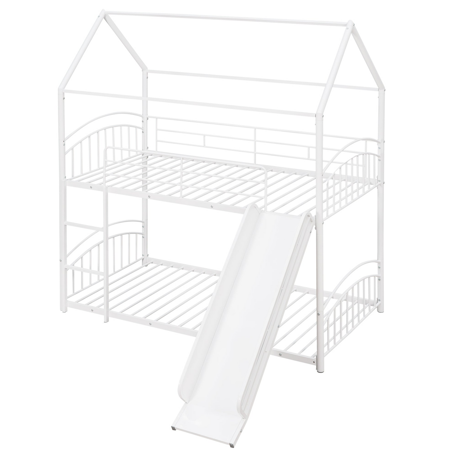 Twin over twin metal bunk bed with slide and house-shaped frame, ideal for shared bedrooms or guest rooms by Start2Finish