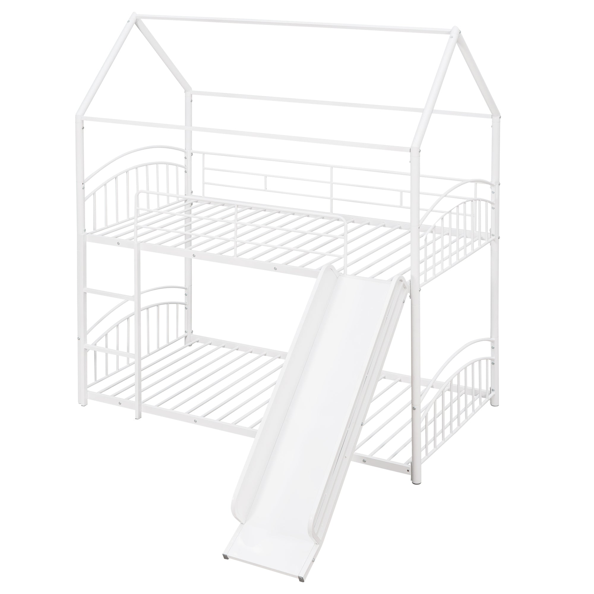 Twin over twin metal bunk bed with slide and house-shaped frame, ideal for shared bedrooms or guest rooms by Start2Finish