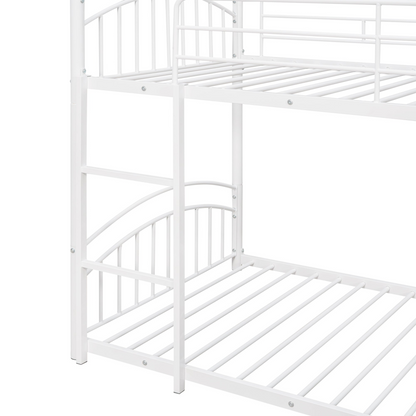 Start2Finish twin over twin metal bunk bed with slide and house frame, ideal for shared or guest bedrooms, shown with bedding and ladder