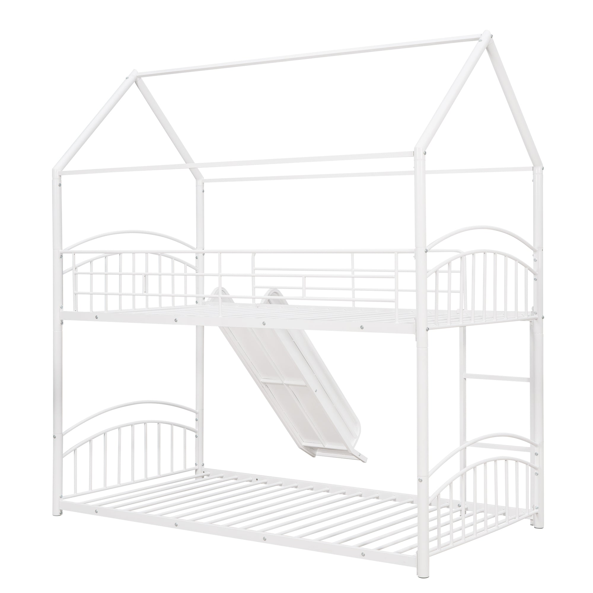 Start2Finish metal twin over twin bunk bed with slide and house frame, ideal for shared or guest bedrooms.