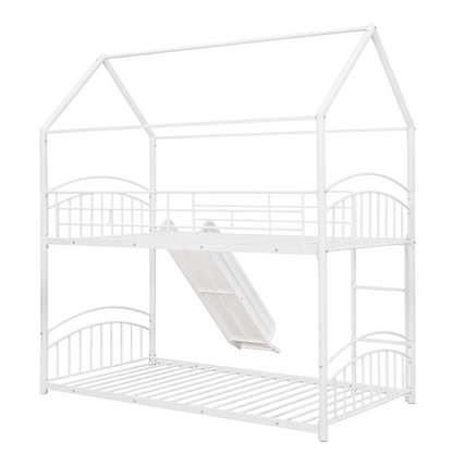 Start2Finish metal twin over twin bunk bed with slide and house frame, ideal for shared or guest bedrooms.
