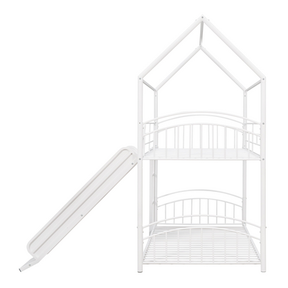 Metal twin over twin bunk bed with slide and house frame, ideal for shared or guest bedrooms, by Start2Finish.