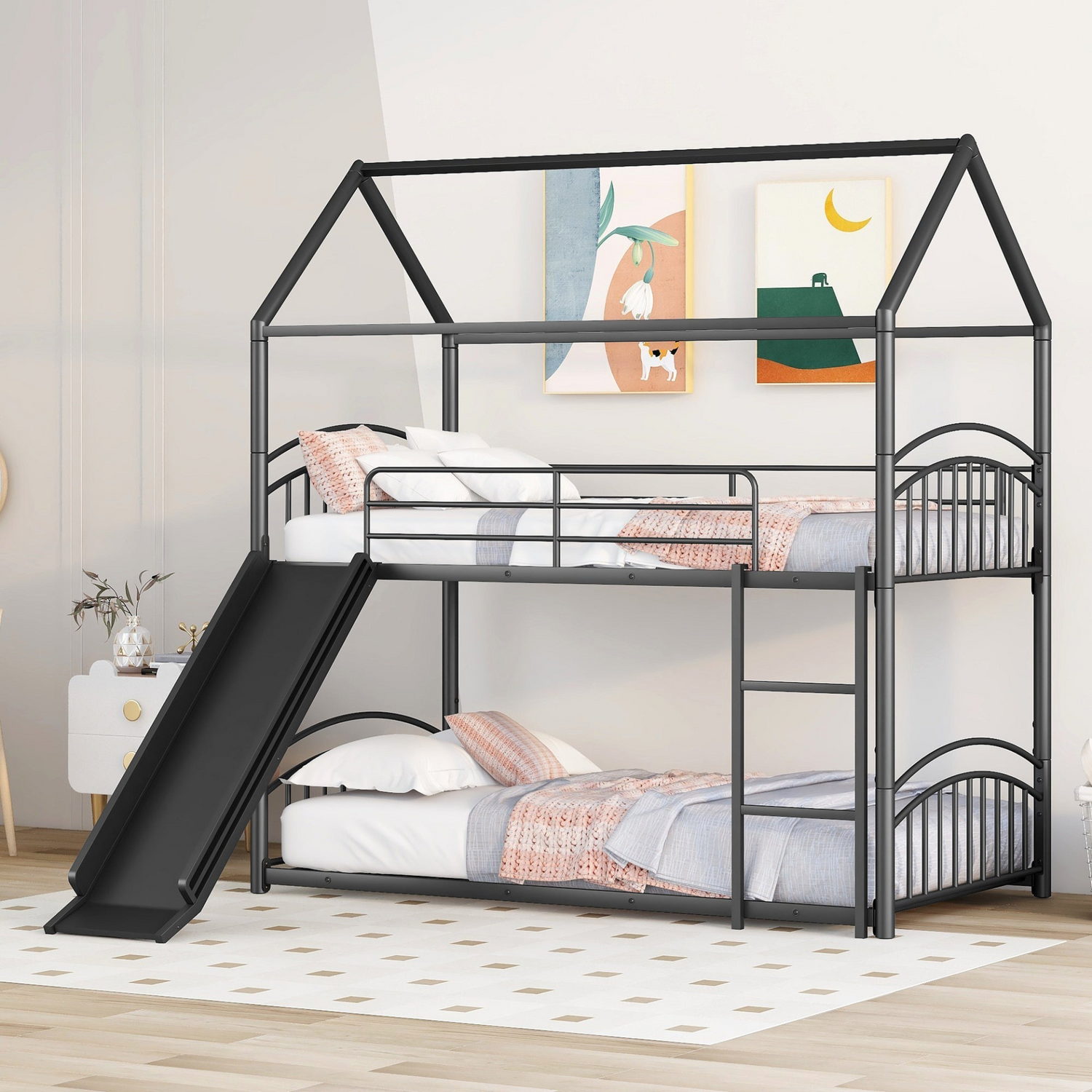 Start2Finish metal twin over twin bunk bed with slide and house frame, ideal for shared or guest bedrooms, shown assembled.