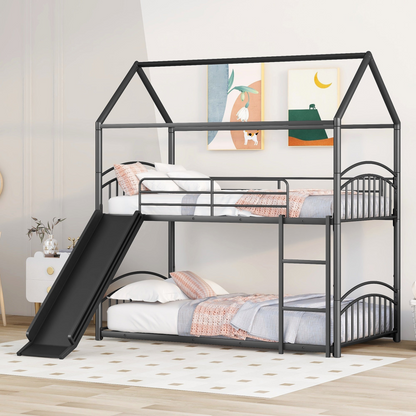 Start2Finish metal twin over twin bunk bed with slide and house frame, ideal for shared or guest bedrooms, shown assembled.