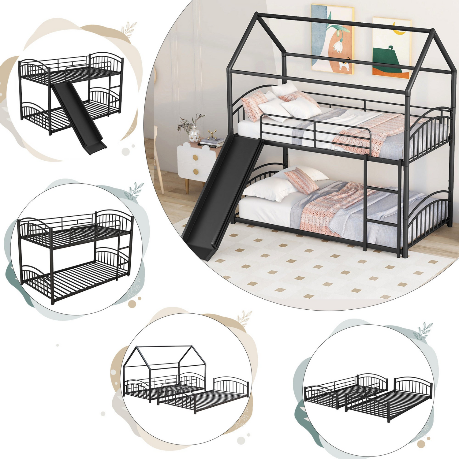 Twin over twin metal bunk bed with slide and house frame by Start2Finish, ideal for shared or guest bedrooms