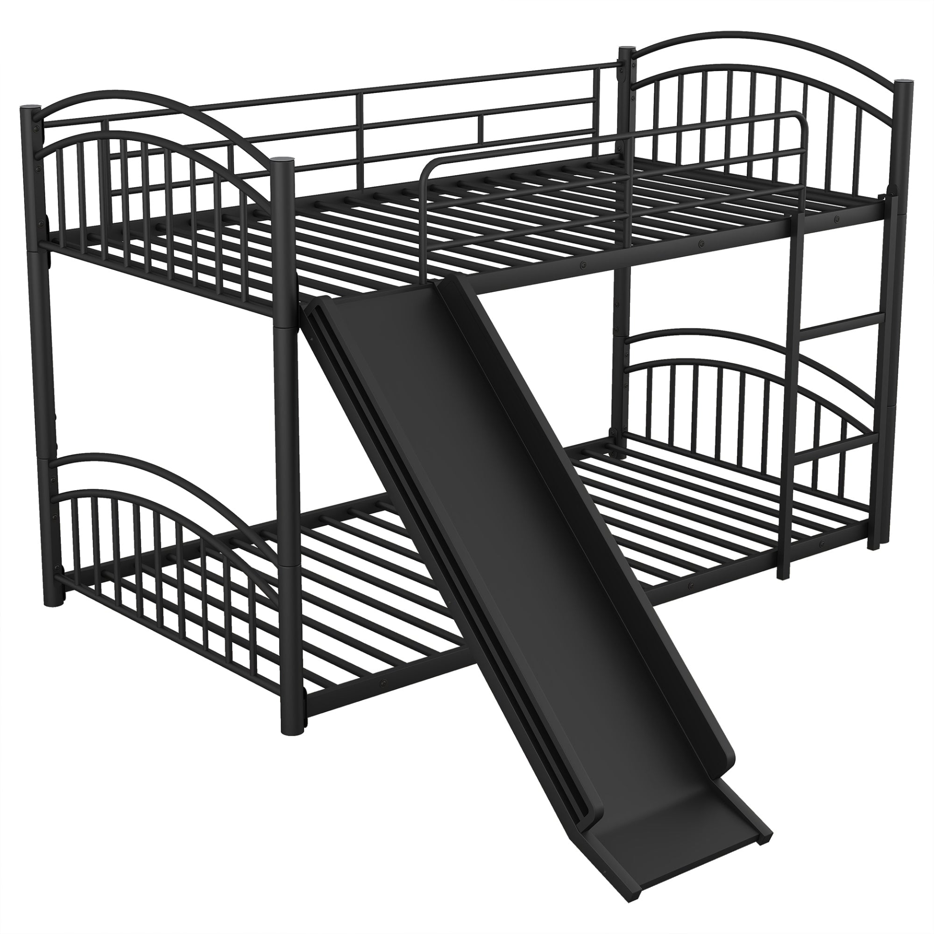 Metal twin over twin bunk bed with slide and house frame by Start2Finish, suitable for shared or guest bedrooms.