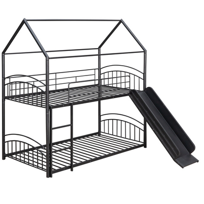 Start2Finish twin over twin metal bunk bed with slide and house frame, perfect for shared or guest bedrooms