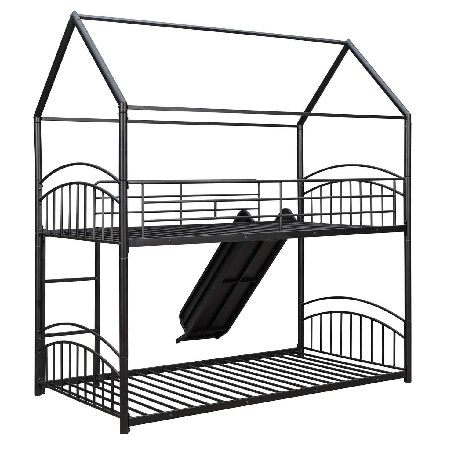 Start2Finish twin over twin metal bunk bed with slide and house frame, perfect for shared or guest bedrooms.