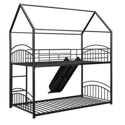 Start2Finish twin over twin metal bunk bed with slide and house frame, perfect for shared or guest bedrooms.