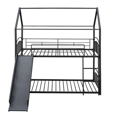 Metal twin over twin bunk bed with slide and house frame by Start2Finish, ideal for shared or guest bedrooms