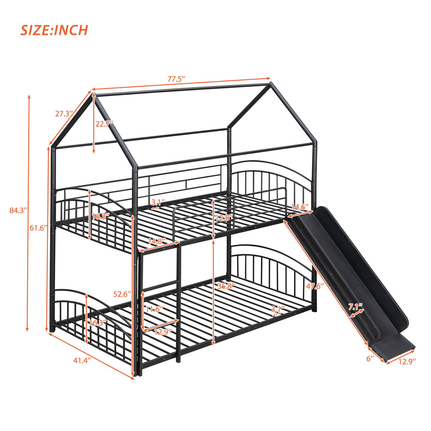 Metal twin over twin bunk bed with house frame, slide, and ladder in a shared bedroom setting, by Start2Finish.