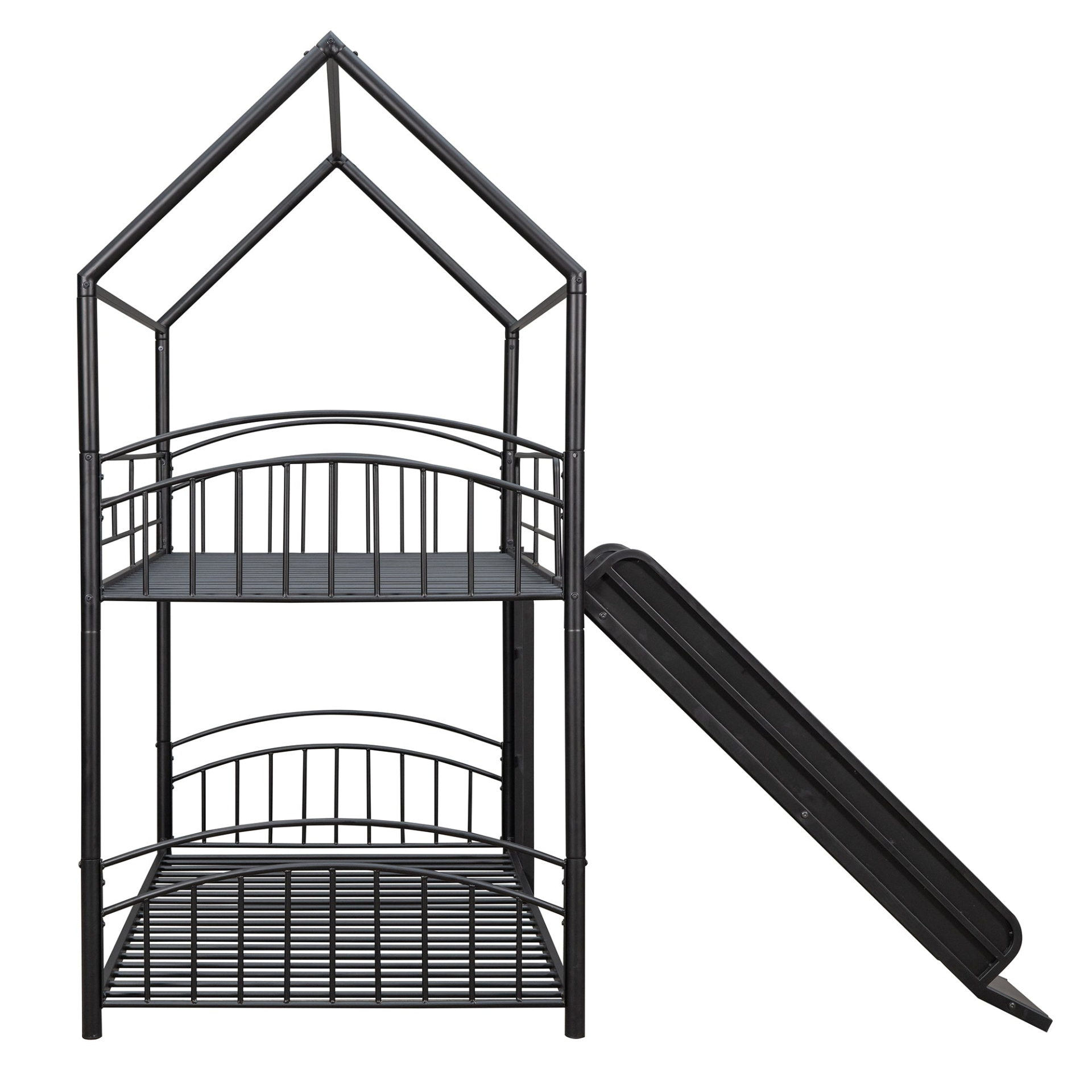Metal twin over twin bunk bed with slide and house frame from Start2Finish, ideal for shared bedrooms or guest rooms