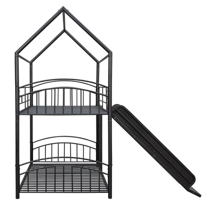 Metal twin over twin bunk bed with slide and house frame from Start2Finish, ideal for shared bedrooms or guest rooms