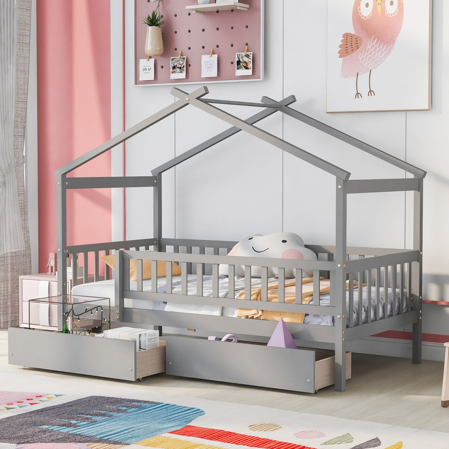 Twin size wood house bed frame with two storage drawers, ideal for bedroom or guest room, by Start2Finish.