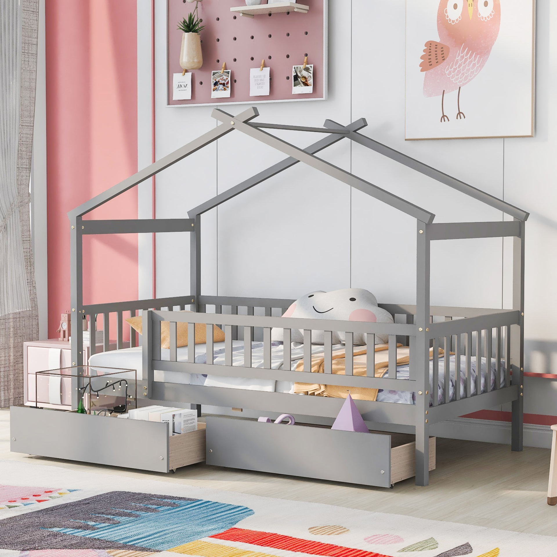 Twin size wood house bed frame with two storage drawers, ideal for bedroom or guest room, by Start2Finish.
