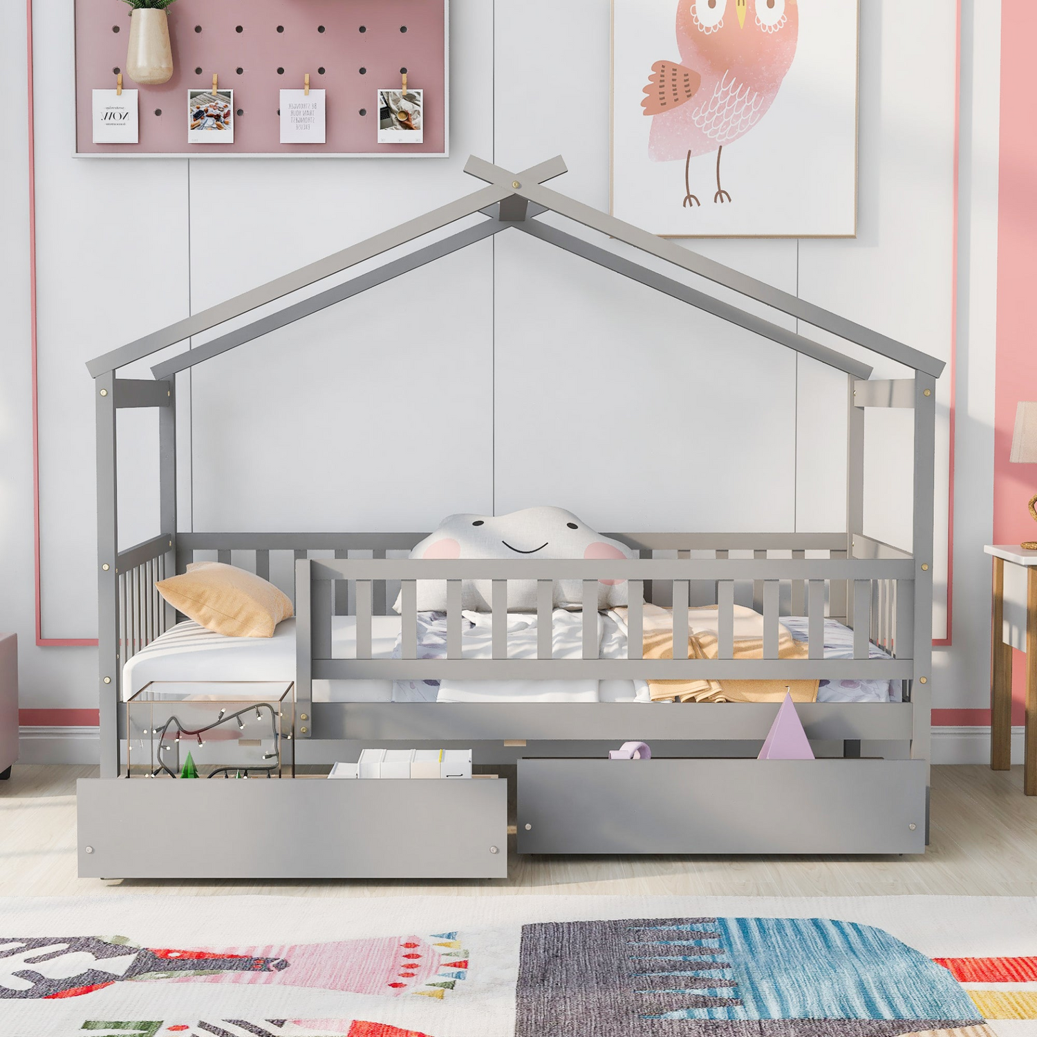 Twin size house bed frame by Start2Finish featuring wood construction with two built-in storage drawers for bedroom or guest room.