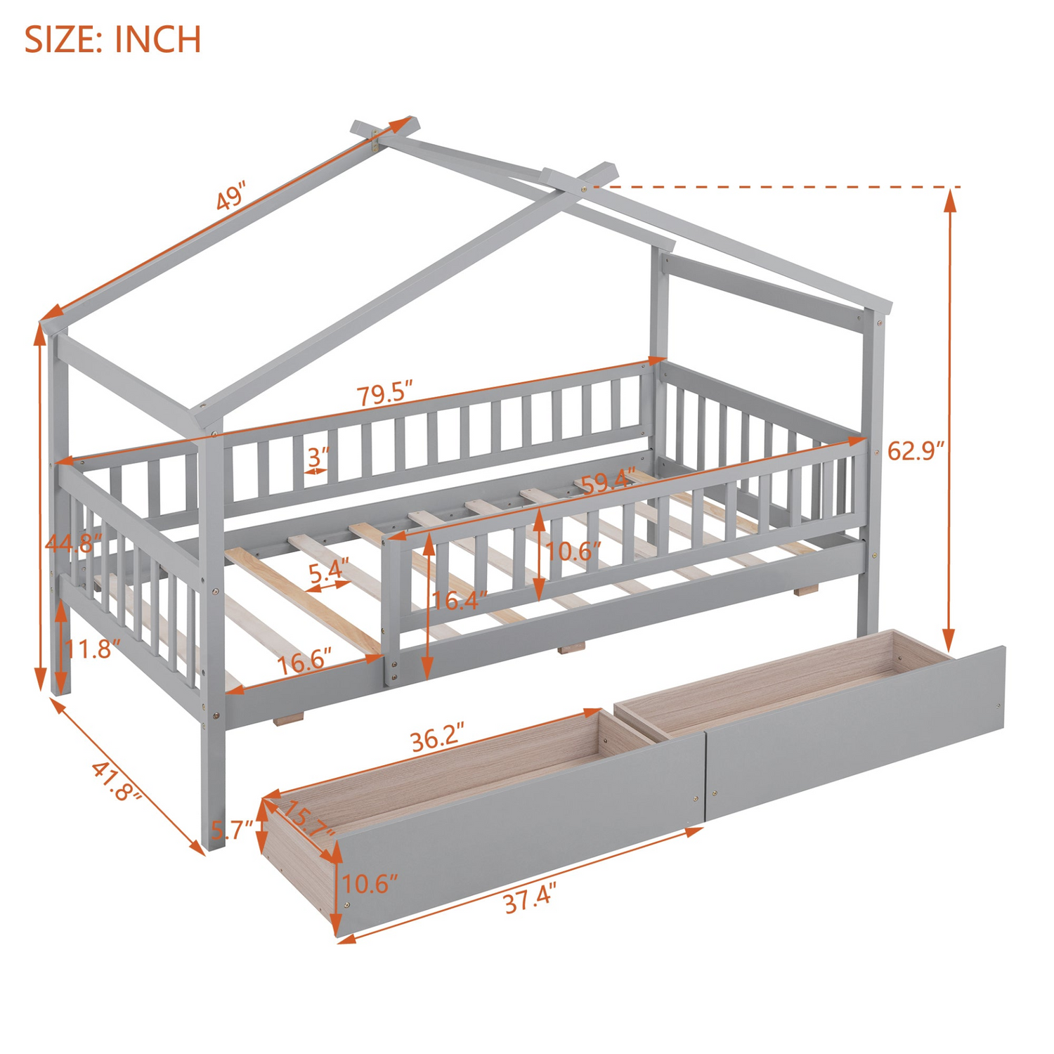 Twin size wood house bed frame with built-in storage drawers, ideal for bedrooms or guest rooms by Start2Finish