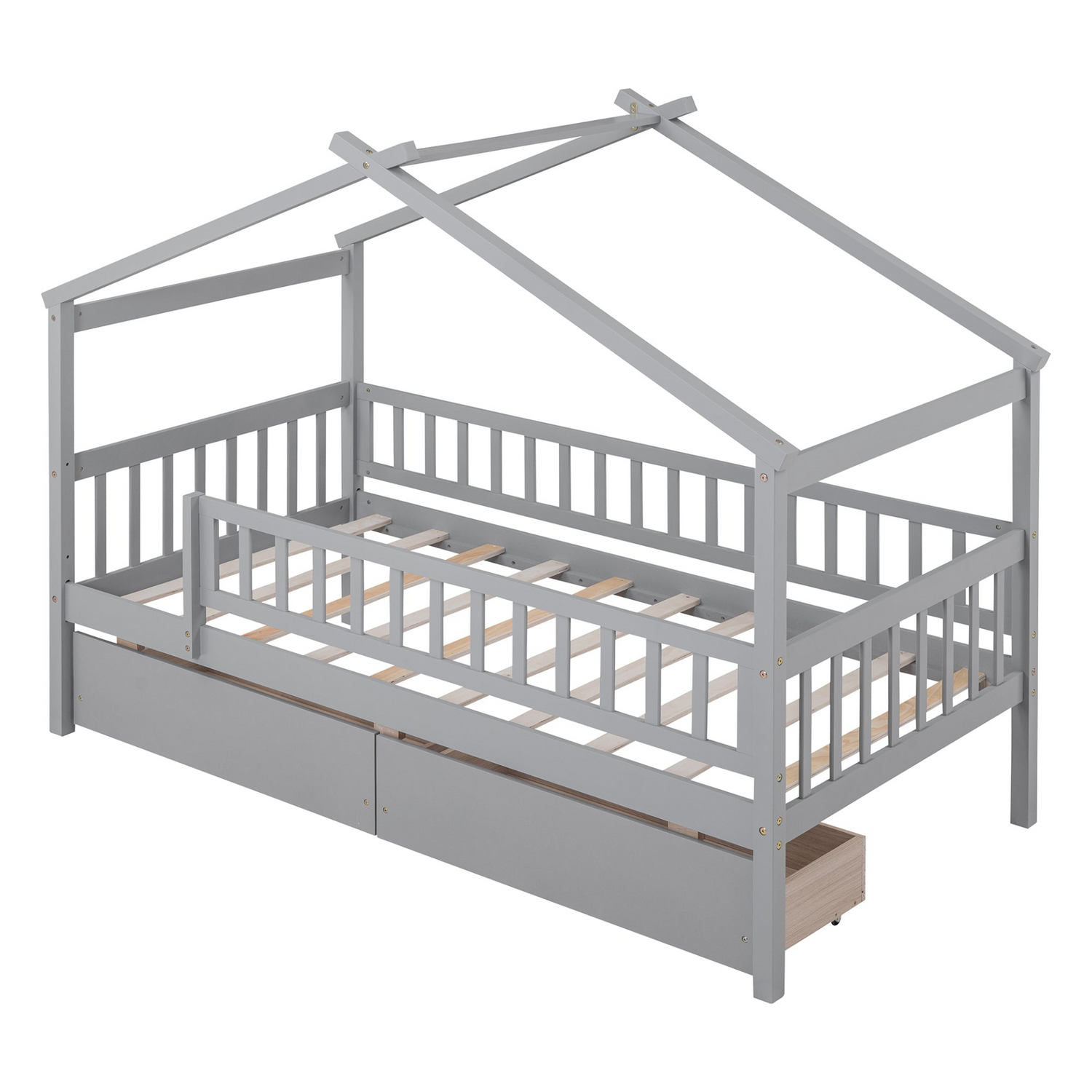 Twin size wooden house bed frame with built-in storage drawers, ideal for bedroom or guest room, by Start2Finish.