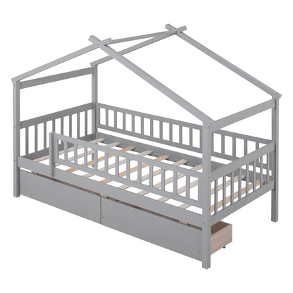 Twin size wooden house bed frame with built-in storage drawers, ideal for bedroom or guest room, by Start2Finish.