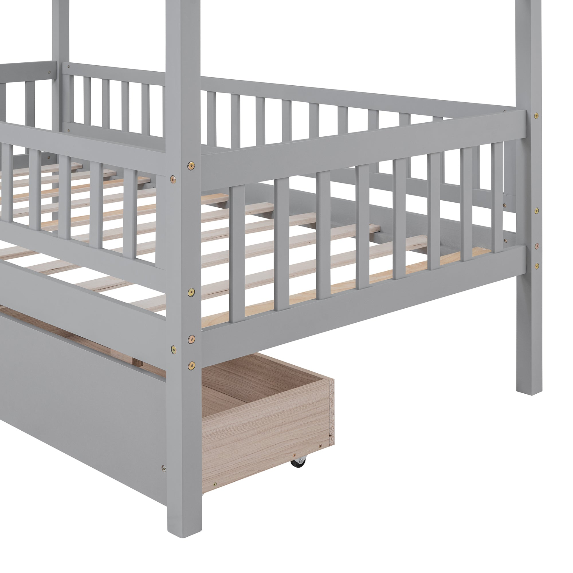 Twin size wooden house bed frame by Start2Finish with two storage drawers, ideal for bedroom or guest room.