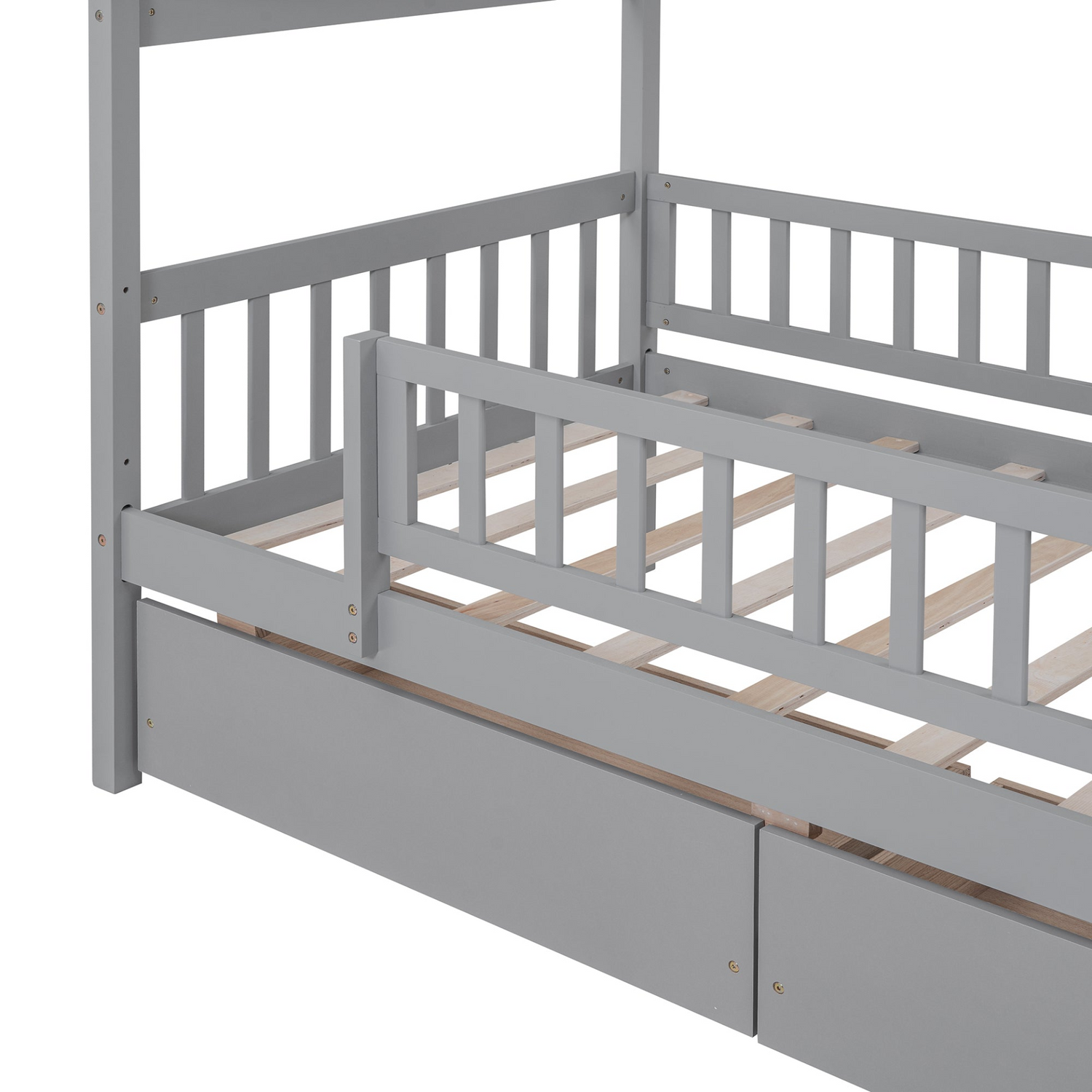 Twin size house bed frame by Start2Finish with wood finish and two storage drawers, ideal for bedroom or guest room.