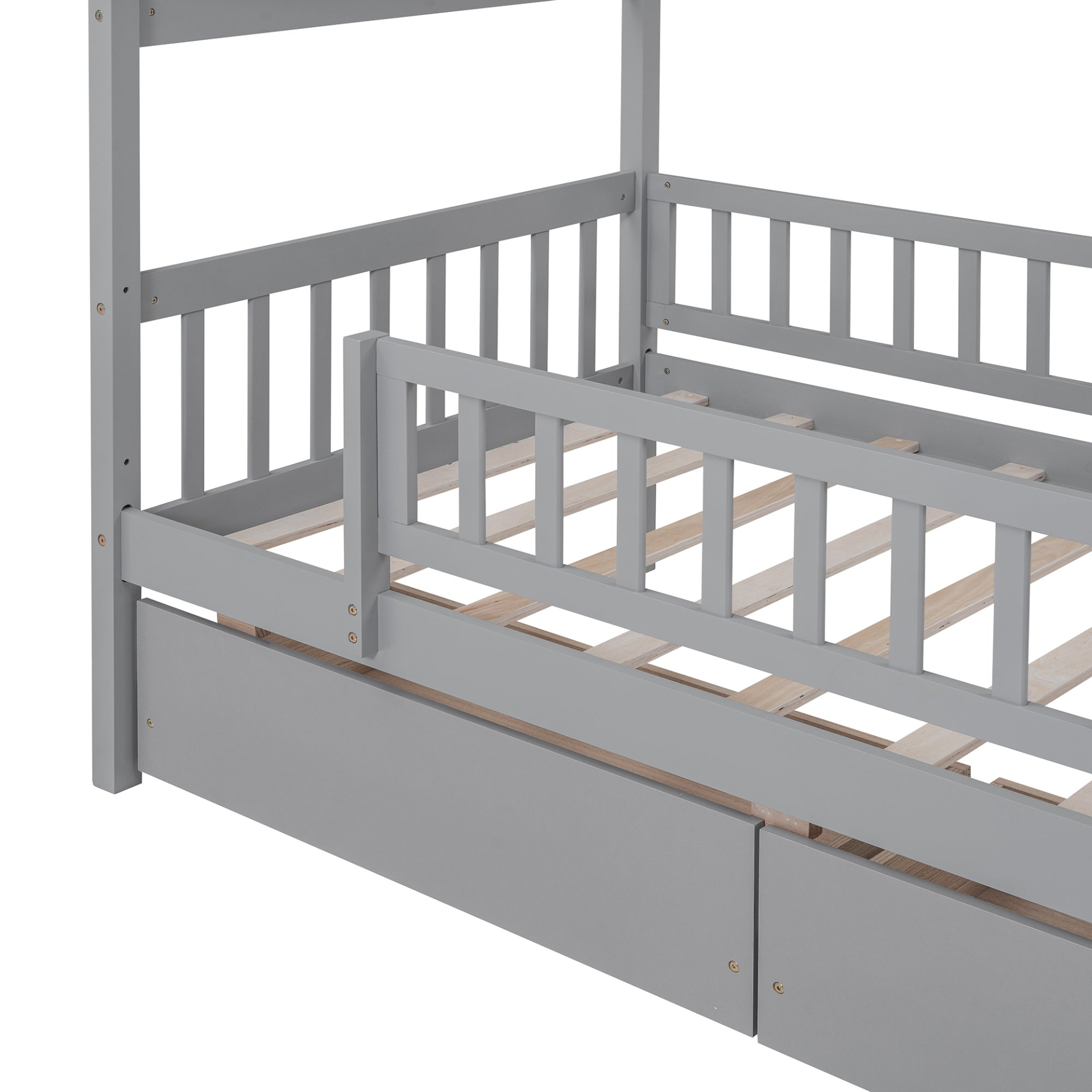 Twin size house bed frame by Start2Finish with wood finish and two storage drawers, ideal for bedroom or guest room.