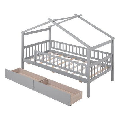 Twin size house bed frame by Start2Finish with wooden structure and two built-in storage drawers for bedroom or guest room.