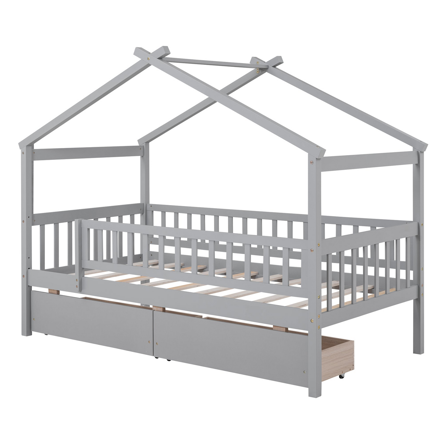 Twin size wooden house bed frame with two storage drawers, ideal for bedroom or guest room, by Start2Finish.