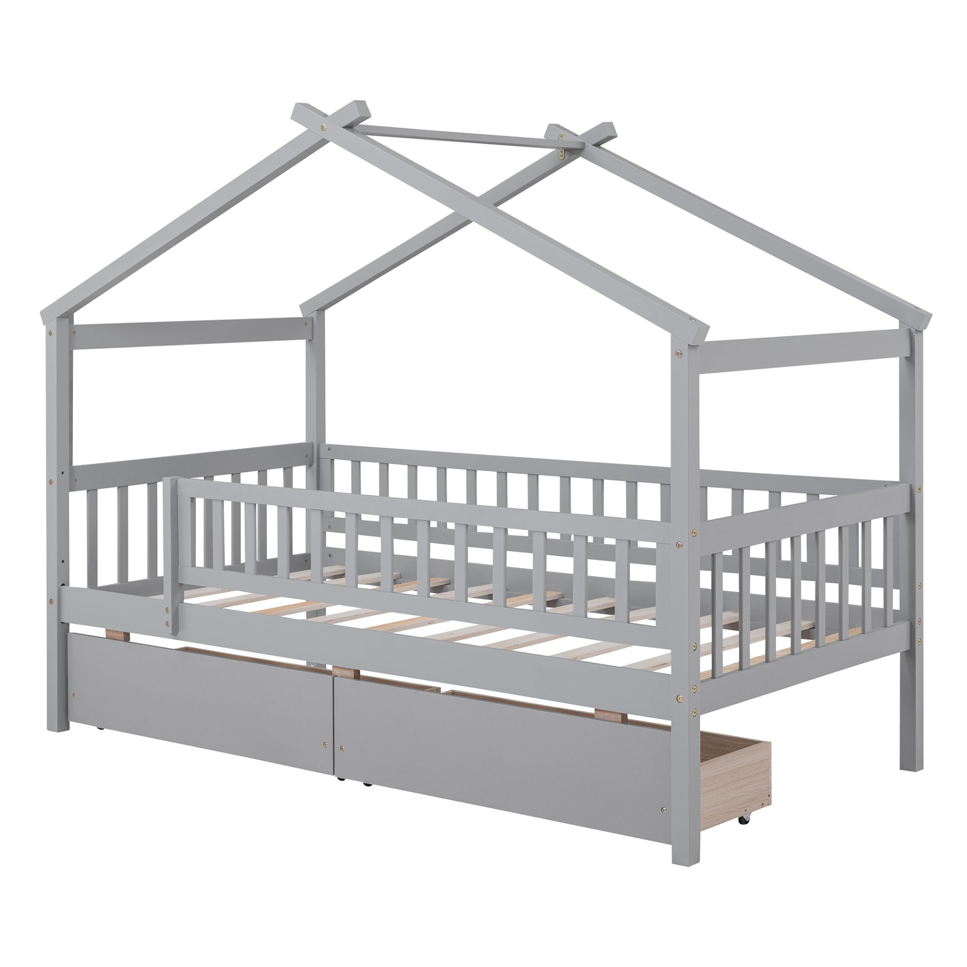 Twin size wooden house bed frame with two storage drawers, ideal for bedroom or guest room, by Start2Finish.