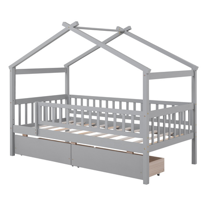 Twin size wooden house bed frame with two storage drawers, ideal for bedroom or guest room, by Start2Finish.