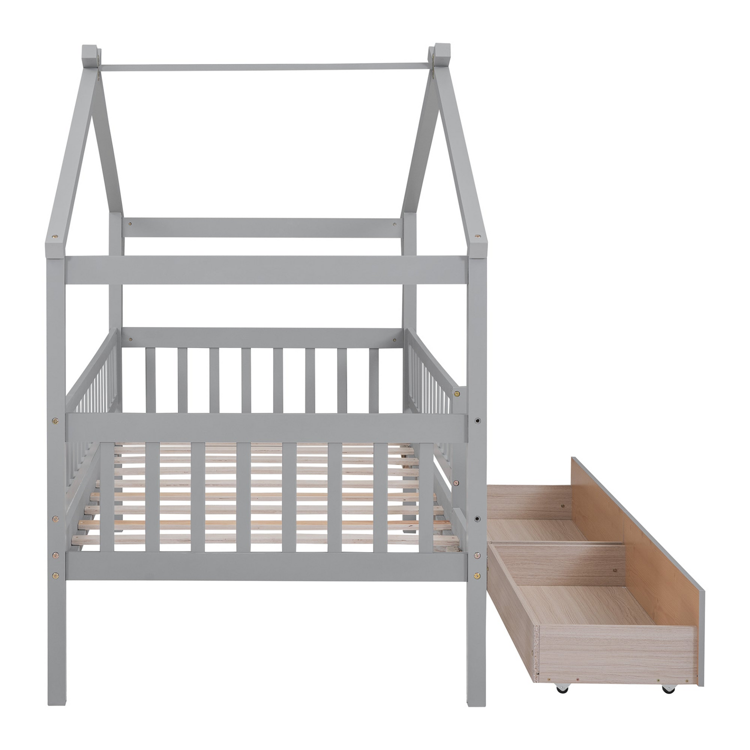 Twin size house bed frame by Start2Finish with wood construction and two built-in storage drawers, ideal for bedroom or guest room.