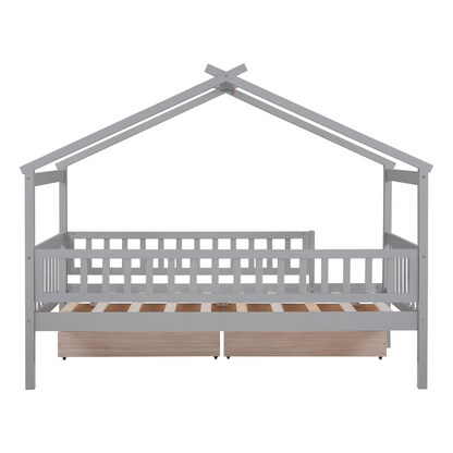 Twin size house bed frame by Start2Finish with wood design and two storage drawers, ideal for bedroom or guest room.