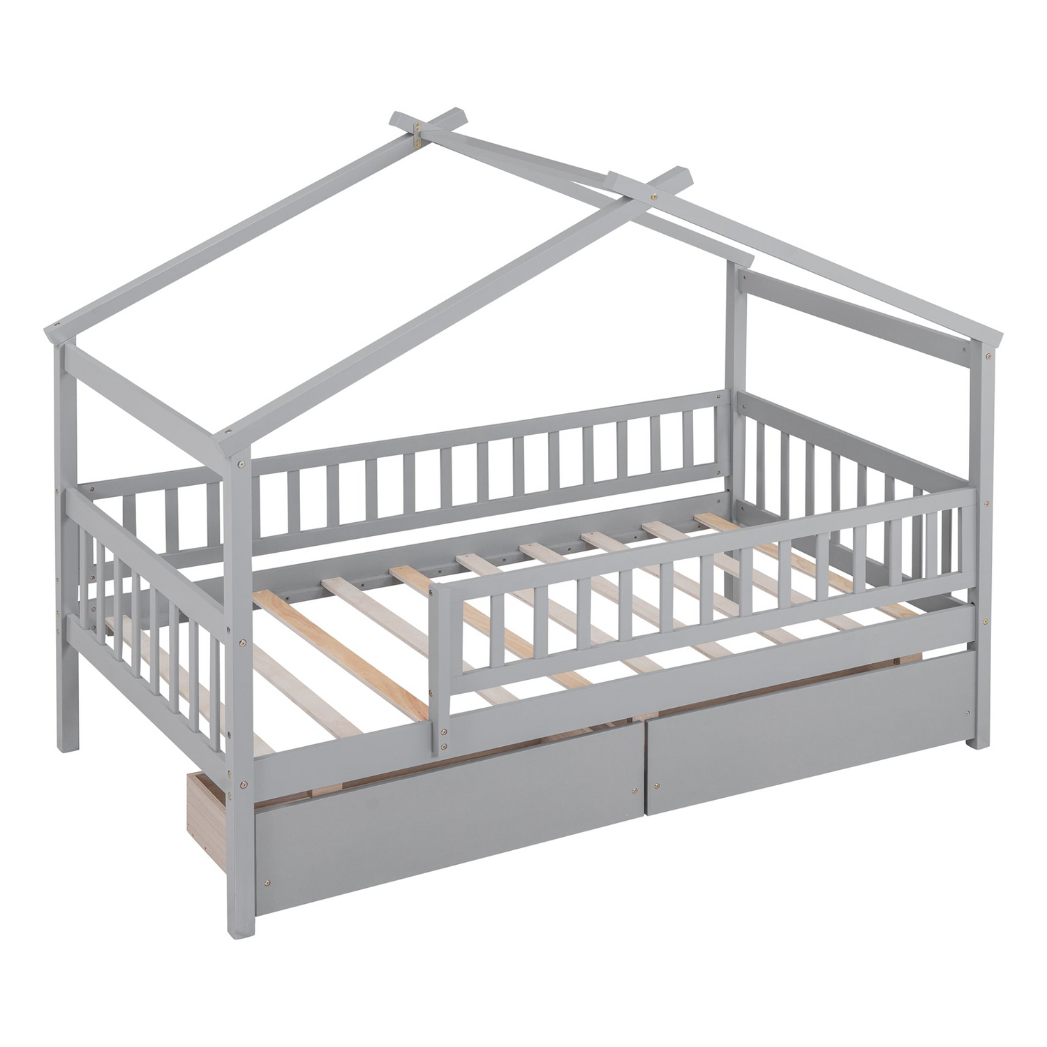 Twin size house bed frame by Start2Finish in wood with two built-in storage drawers for bedroom or guest room.